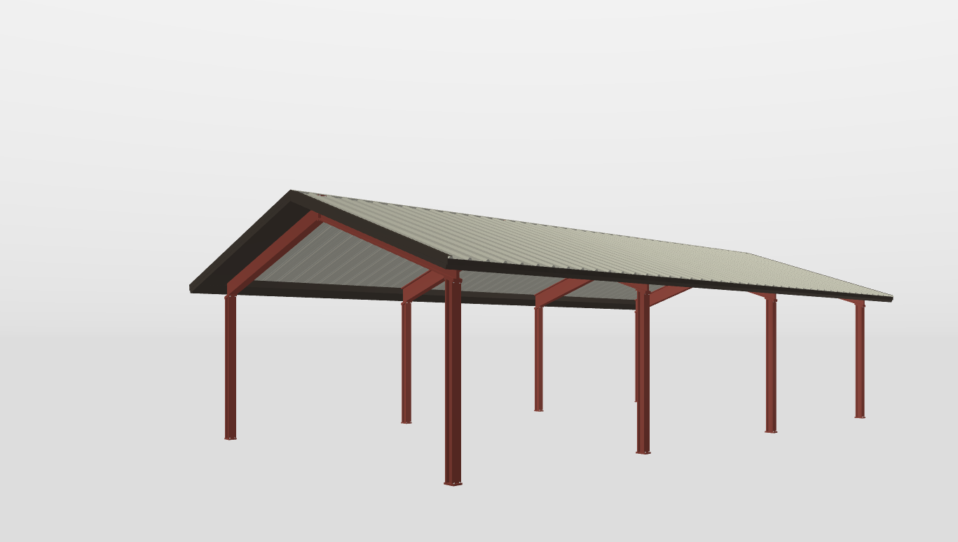 Perspective View Red Iron Gable Style Carport 23'X42'X9-tall