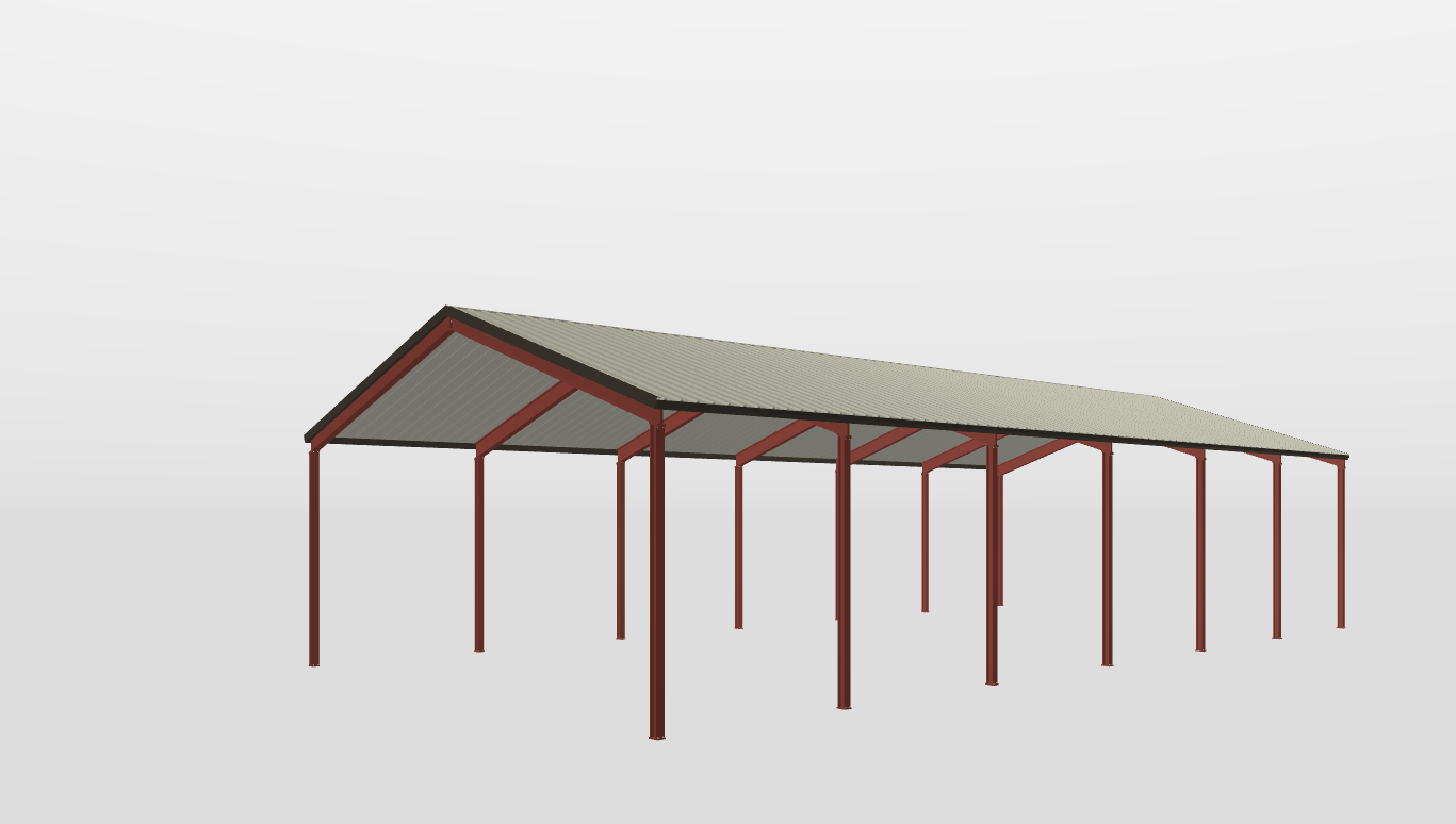 Perspective View Red Iron Gable Style Carport 40'X80'X15-tall