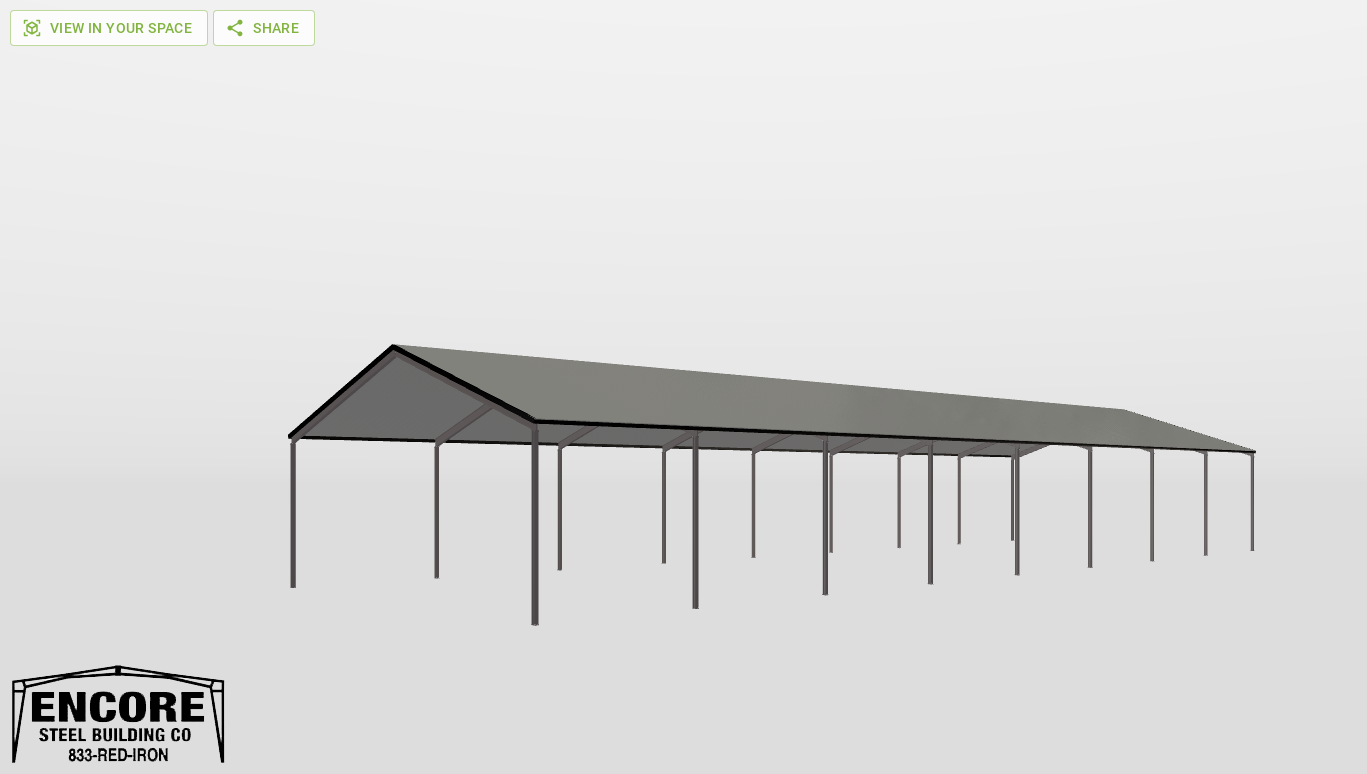 Perspective View Red Iron Gable Style Carport 60'X180'X20-tall