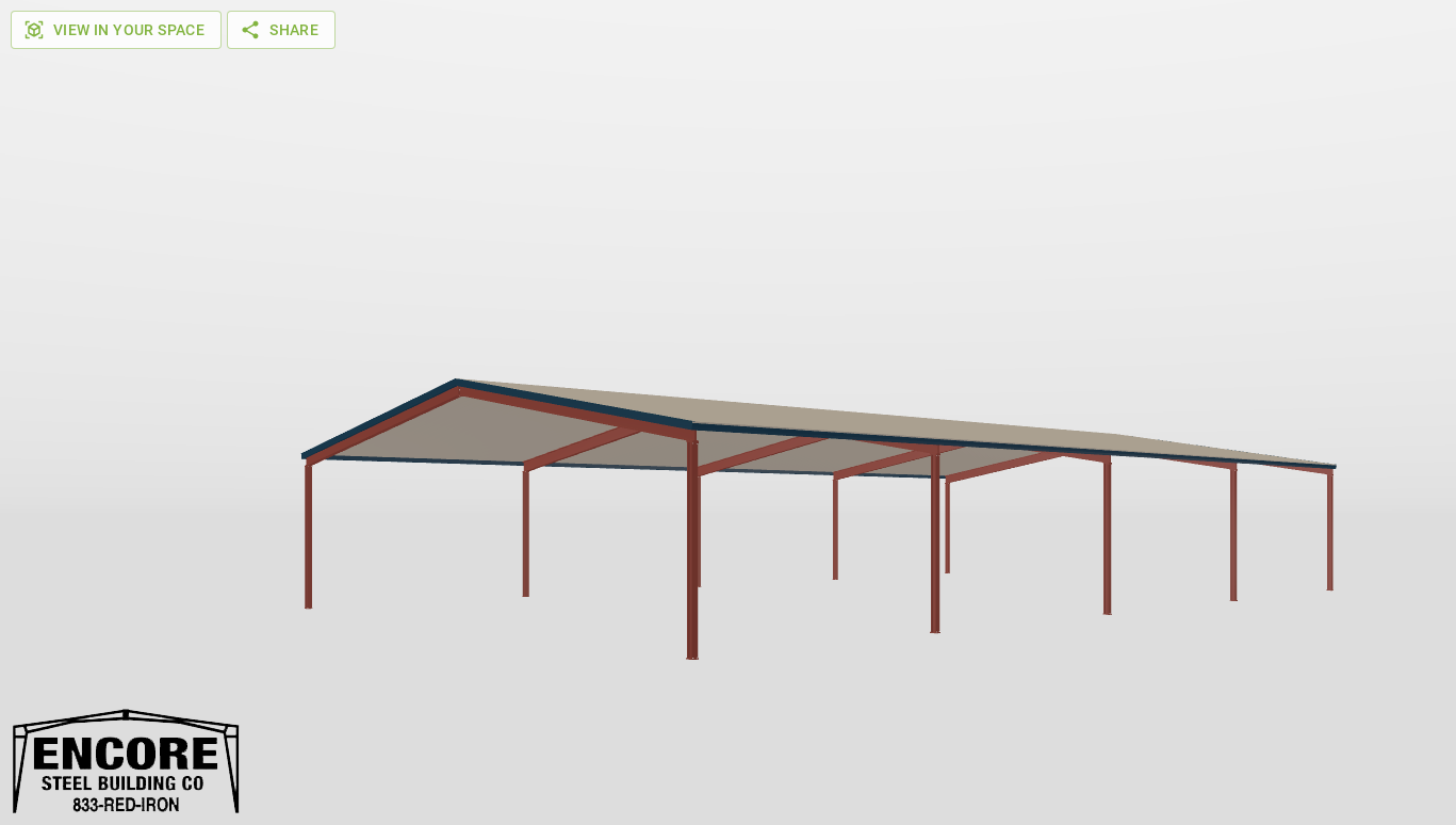 Perspective View Red Iron Gable Style Carport 60'X100'X14-tall
