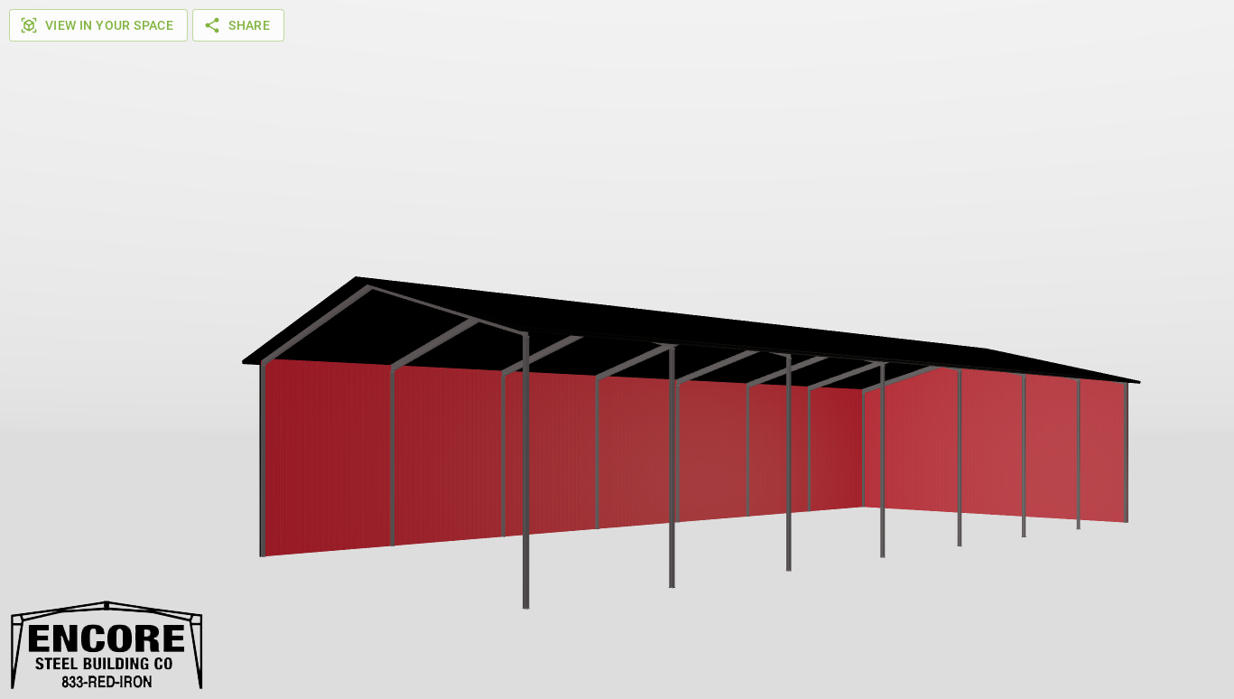 Perspective View Red Iron Gable Style Carport 70'X160'X30-tall