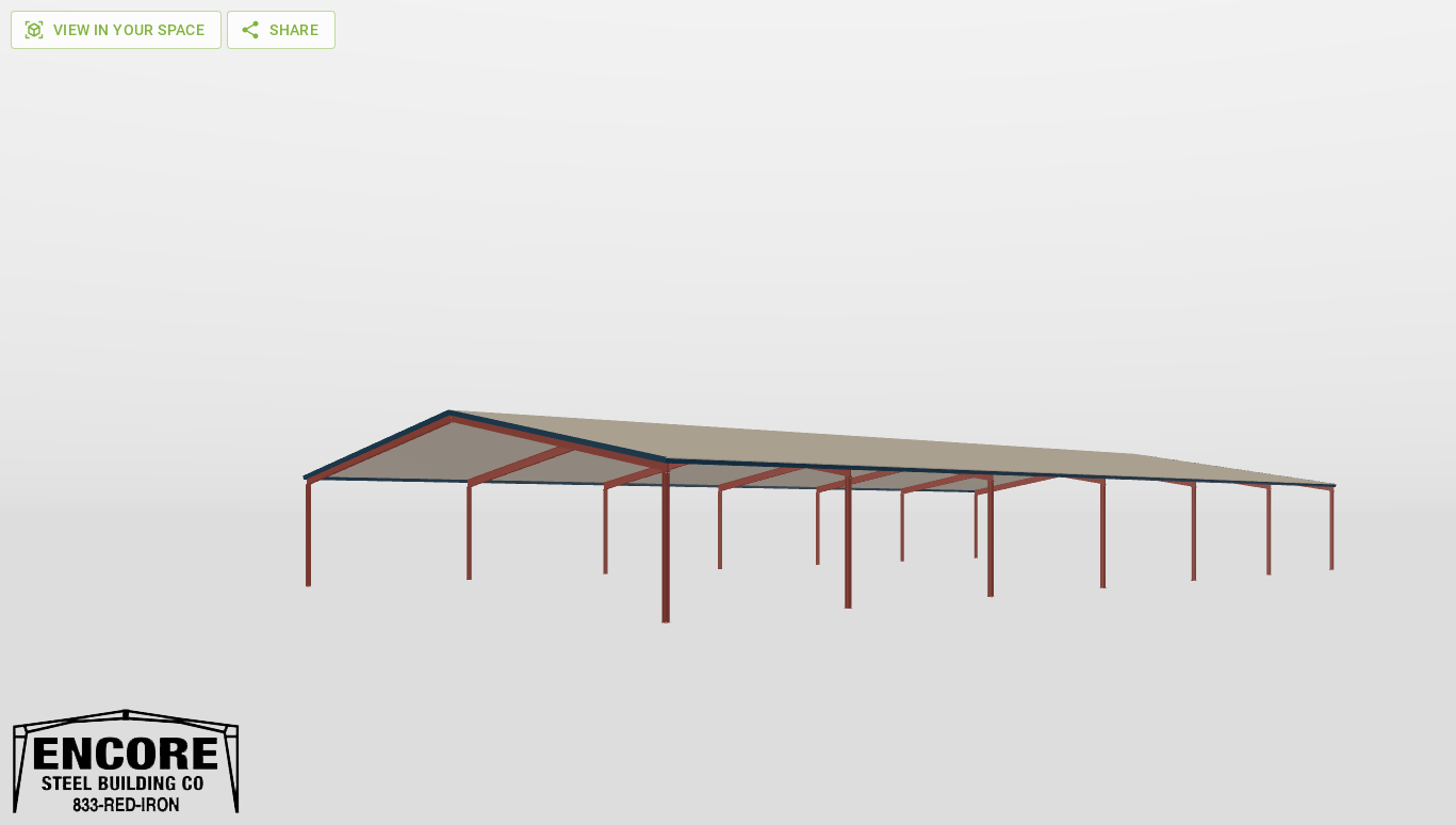 Perspective View Red Iron Gable Style Carport 80'X150'X14-tall