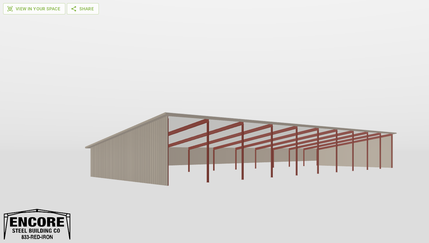 Perspective View Red Iron Single Slope Carport 50'X150'X10-tall-ss
