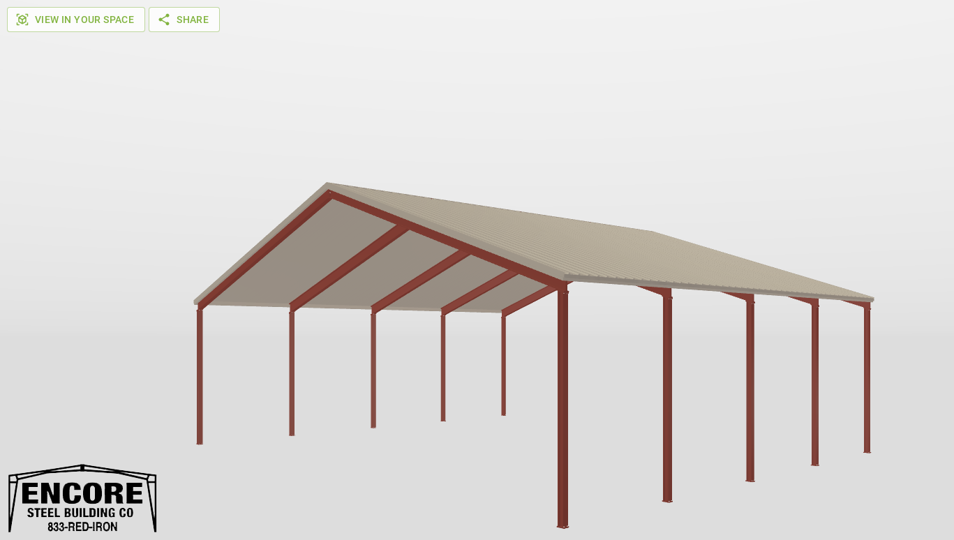 Perspective View Red Iron Gable Style Carport 60'X50'X16-tall
