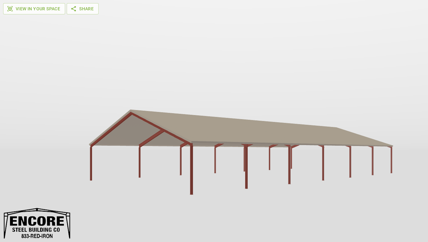 Perspective View Red Iron Gable Style Carport 60'X120'X12-tall