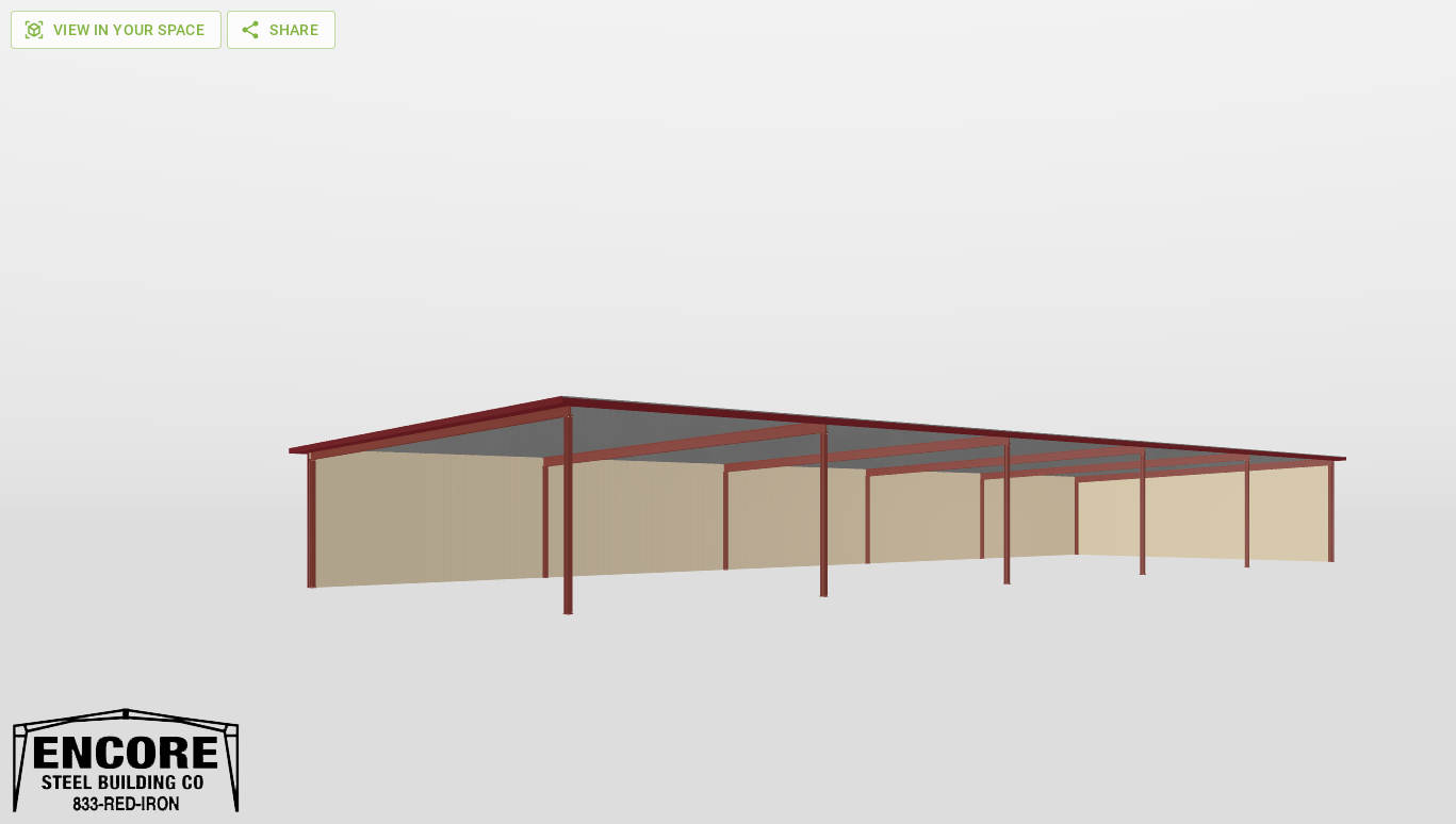 Perspective View Red Iron Single Slope Carport 50'X150'X14-tall-ss