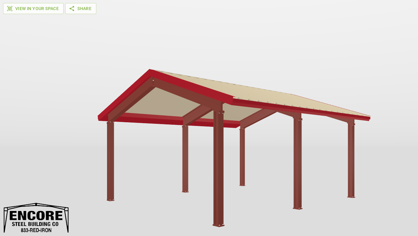Perspective View Red Iron Gable Style Carport 17'X20'X8-tall