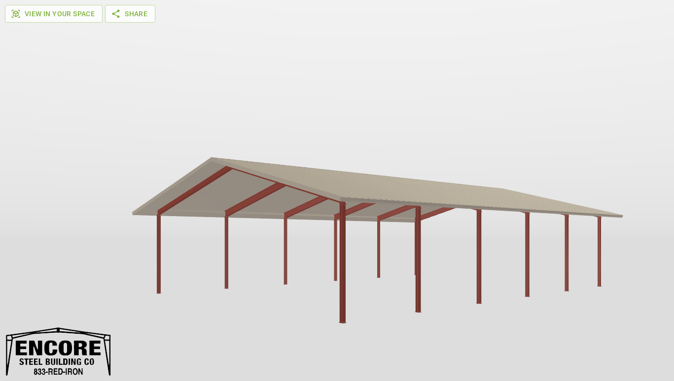 Perspective View Red Iron Gable Style Carport 50'X70'X14-tall