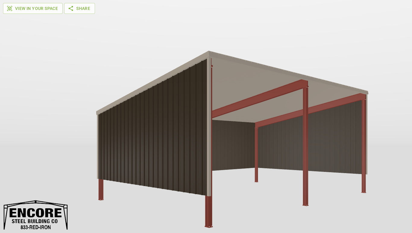 Perspective View Red Iron Single Slope Carport 25'X36'X12-tall-ss