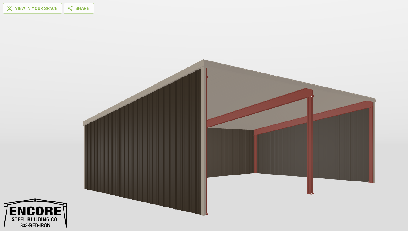 Perspective View Red Iron Single Slope Carport 25'X36'X8-tall-ss