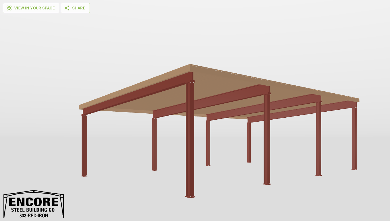 Perspective View Red Iron Single Slope Carport 22'X34'X8-tall-ss