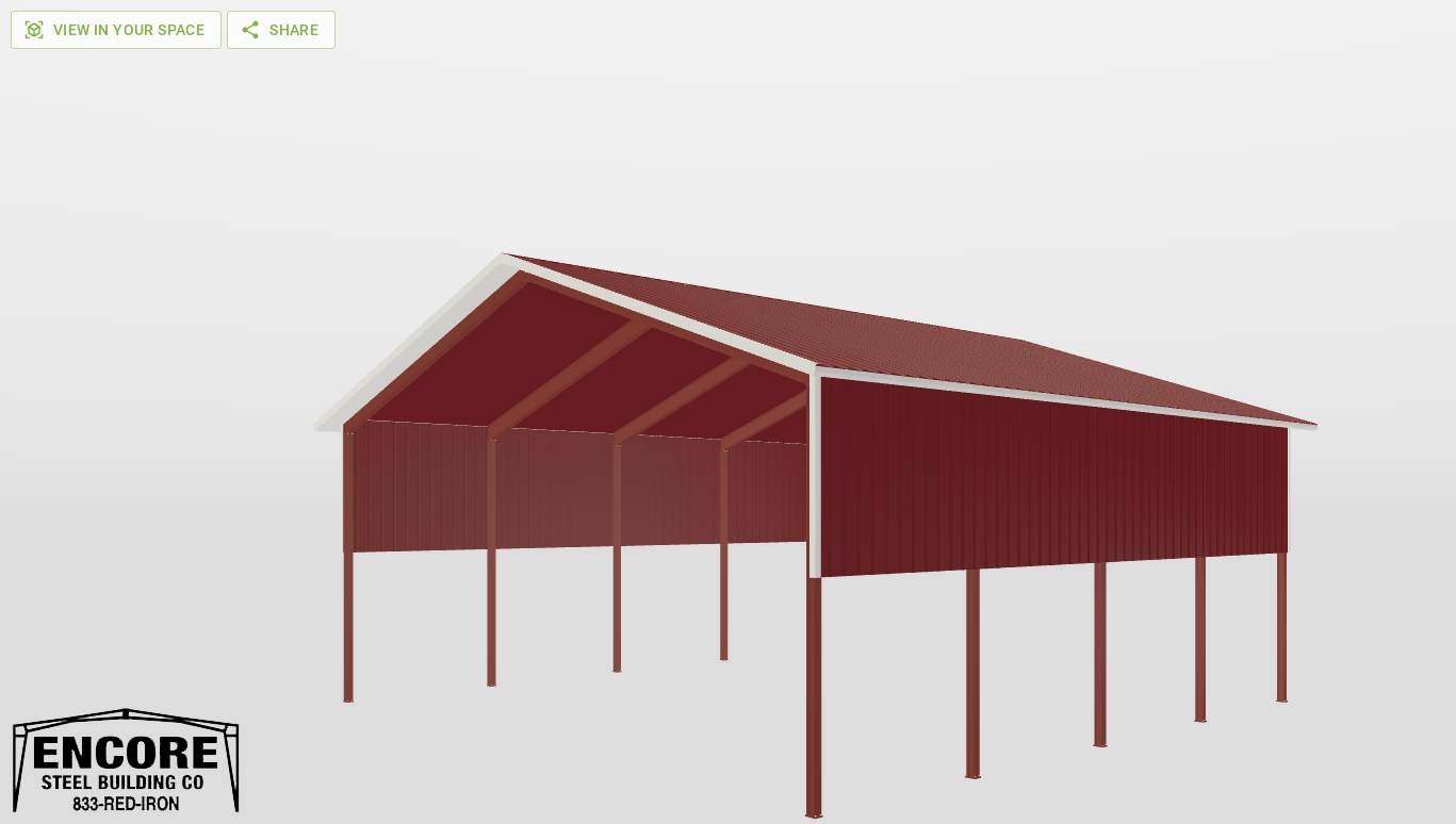 Perspective View Red Iron Gable Style Carport 50'X50'X20-tall